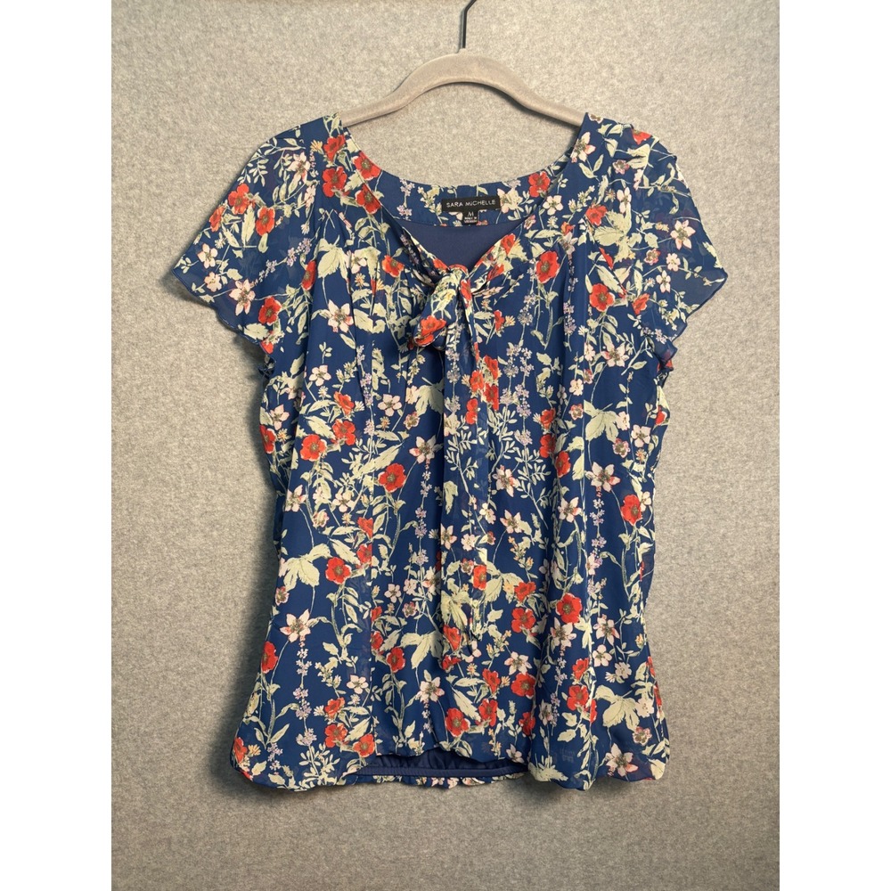 Sara Michelle Floral Tie Neck Blouse Medium Blue Cottagecore Romantic Sheer